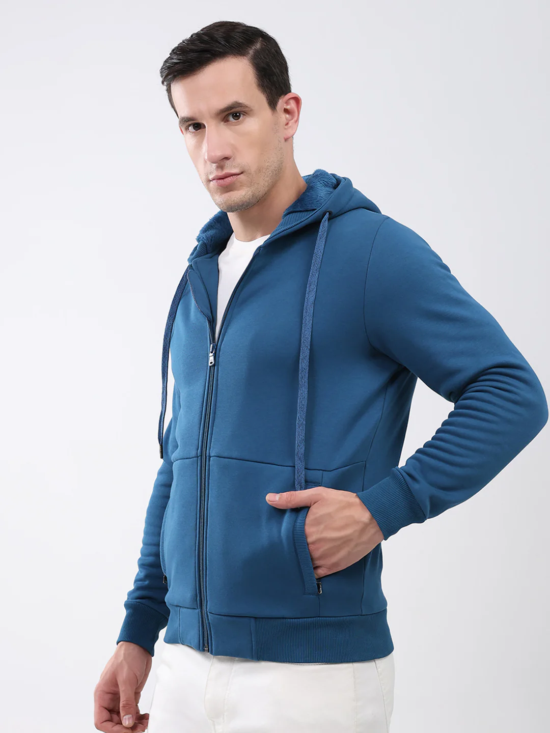 Men Teal Blue Solid Hooded Full Sleeve Sweatshirt - Image 3
