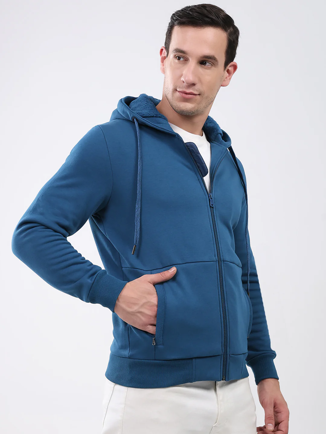 Men Teal Blue Solid Hooded Full Sleeve Sweatshirt - Image 4