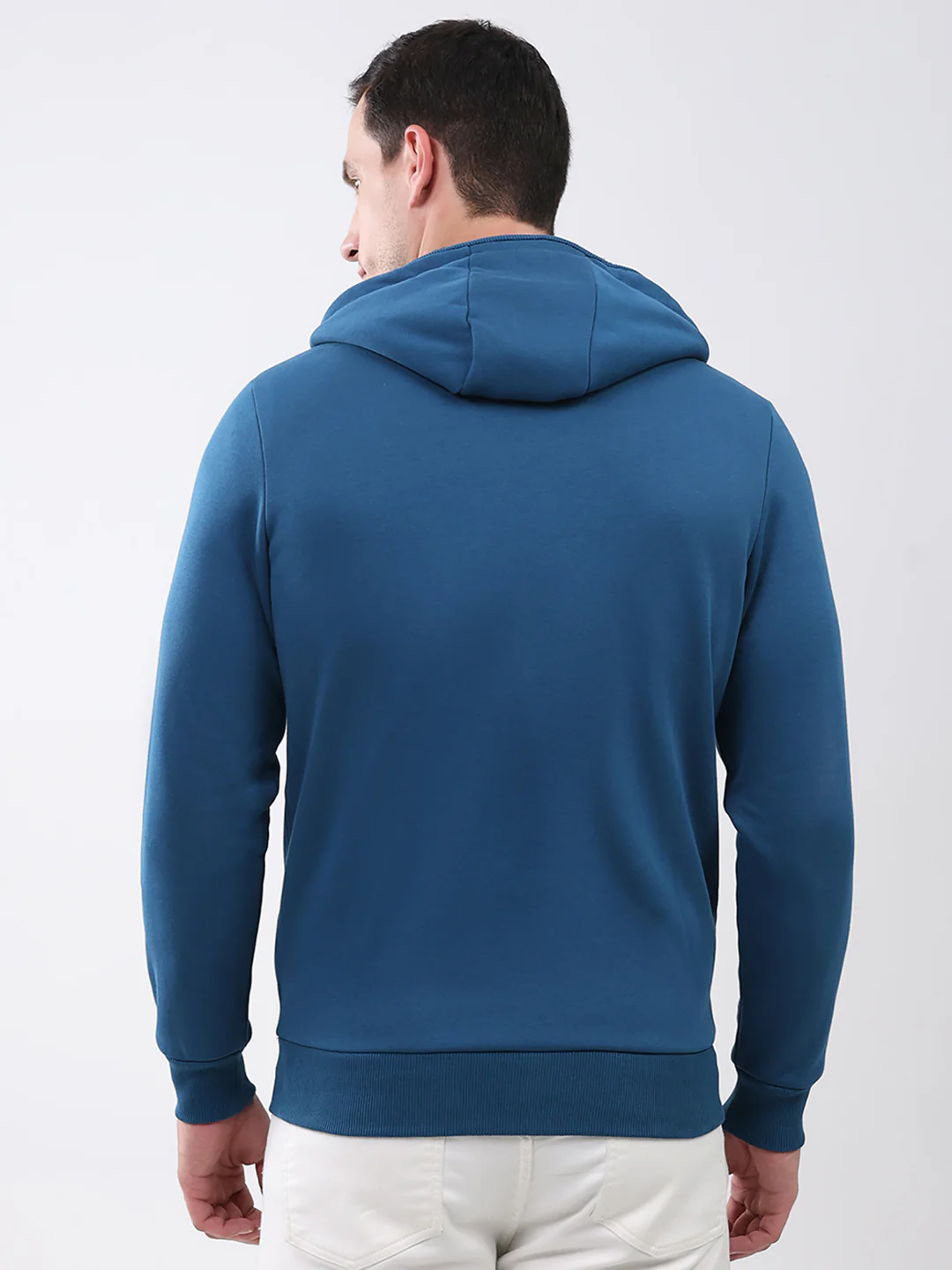 Men Teal Blue Solid Hooded Full Sleeve Sweatshirt - Image 5