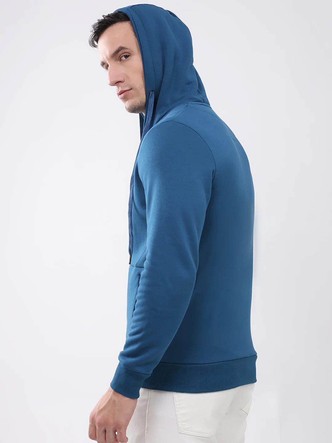 Men Teal Blue Solid Hooded Full Sleeve Sweatshirt - Image 7