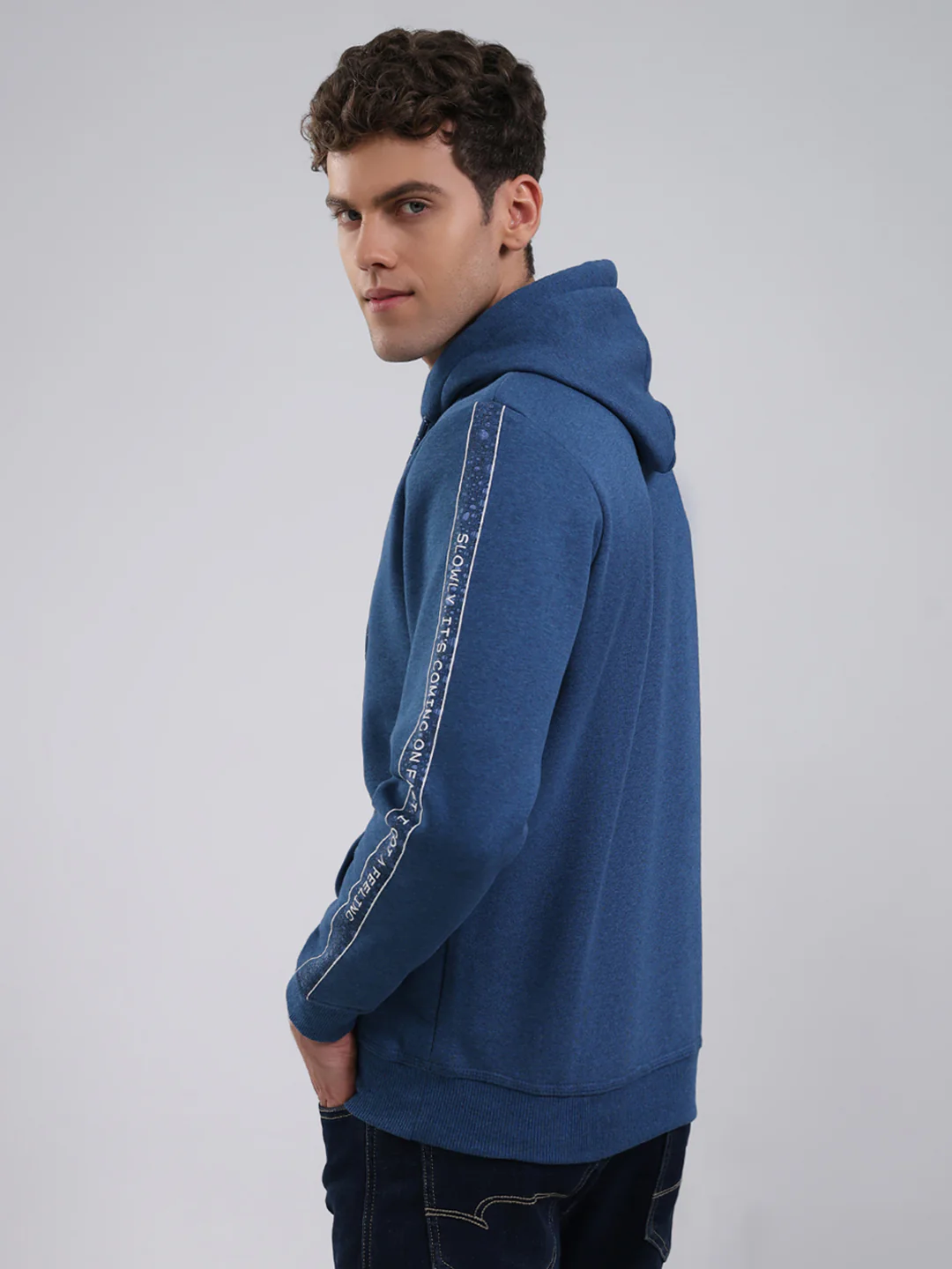 Men Teal Blue Solid Hooded Full Sleeve Sweatshirt - Image 5