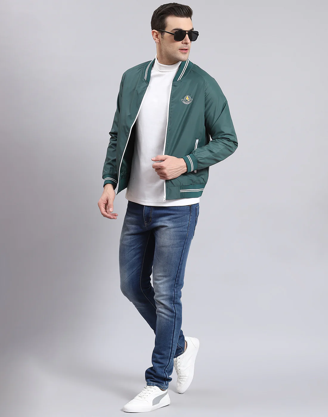 Men Teal Blue Solid Mandarin Collar Full Sleeve Jacket - Image 2