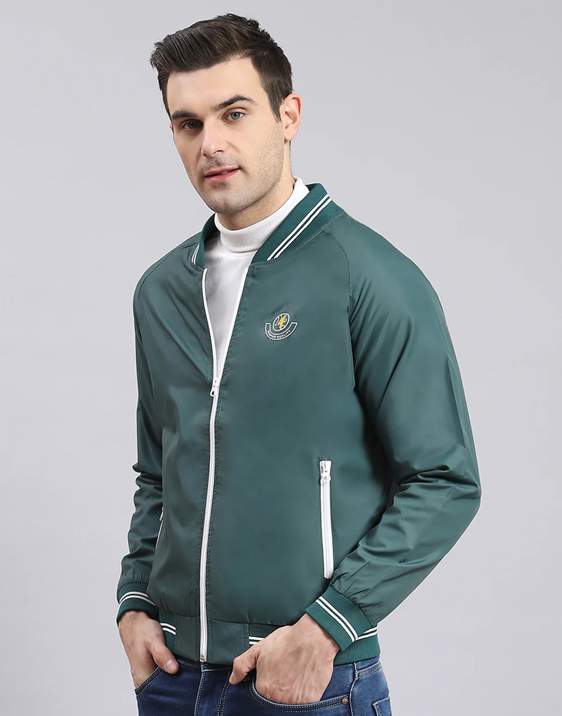 Men Teal Blue Solid Mandarin Collar Full Sleeve Jacket - Image 4