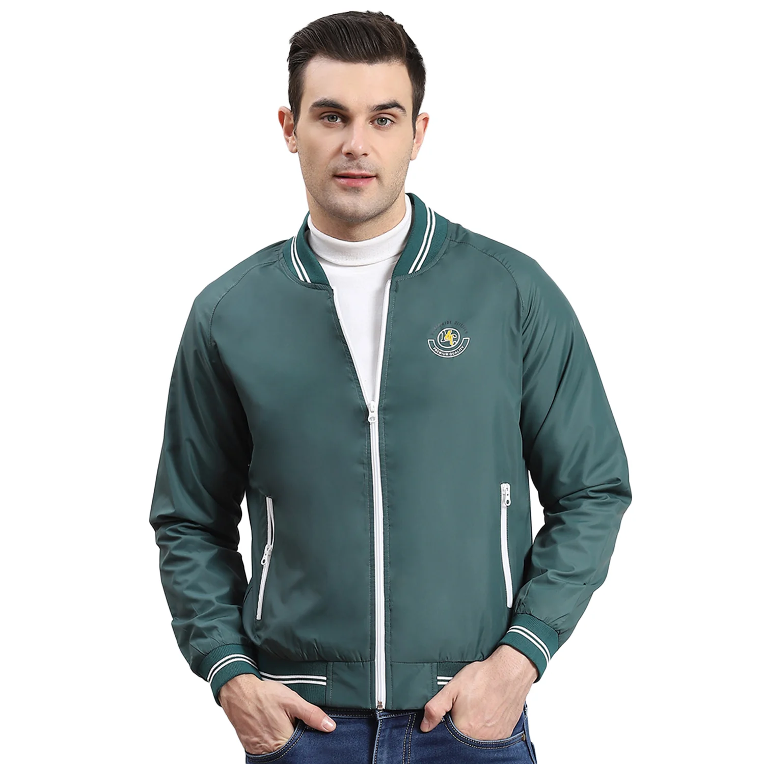 Men Teal Blue Solid Mandarin Collar Full Sleeve Jacket - Image 5