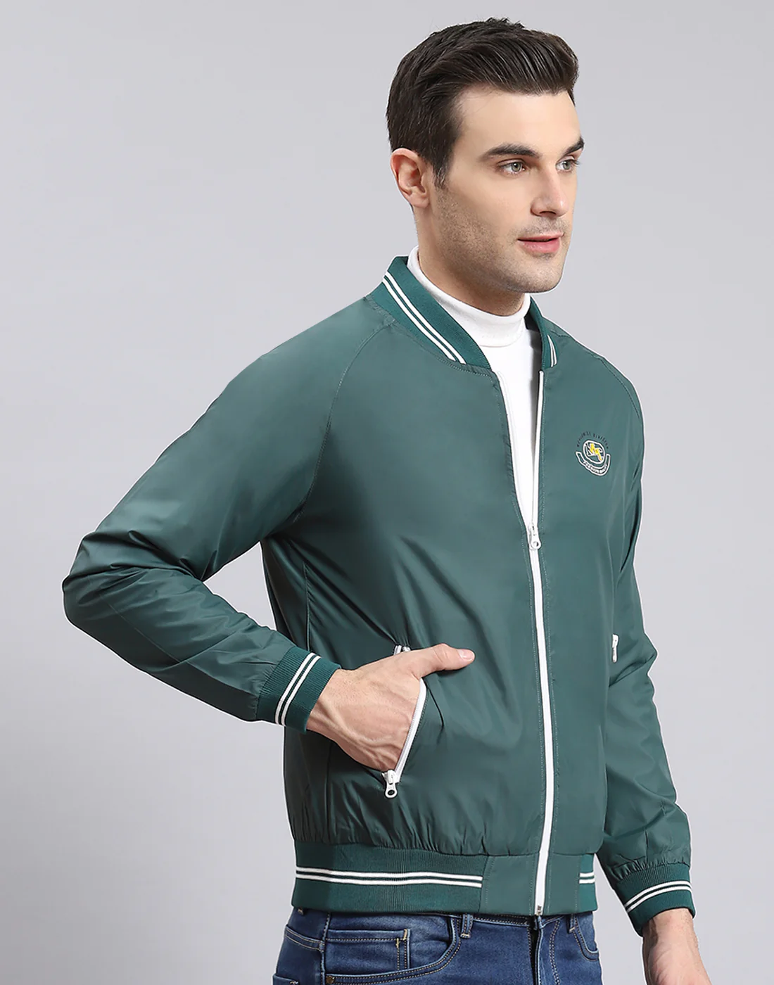 Men Teal Blue Solid Mandarin Collar Full Sleeve Jacket - Image 6