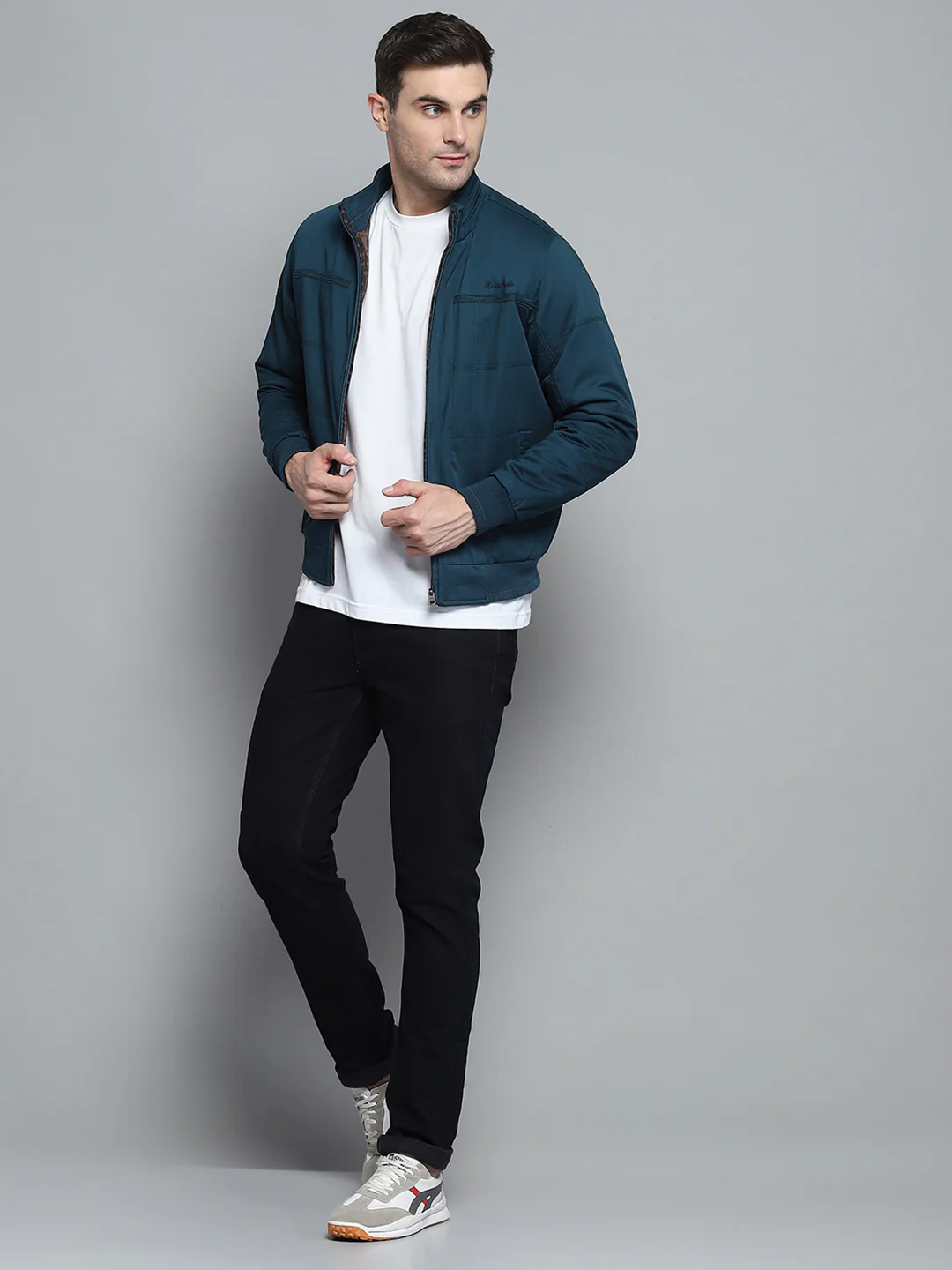 Men Teal Blue Solid Mock Neck Full Sleeve Jacket - Image 2