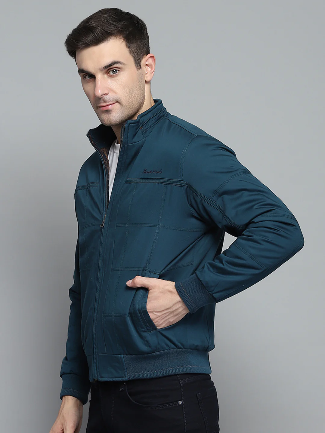 Men Teal Blue Solid Mock Neck Full Sleeve Jacket - Image 3