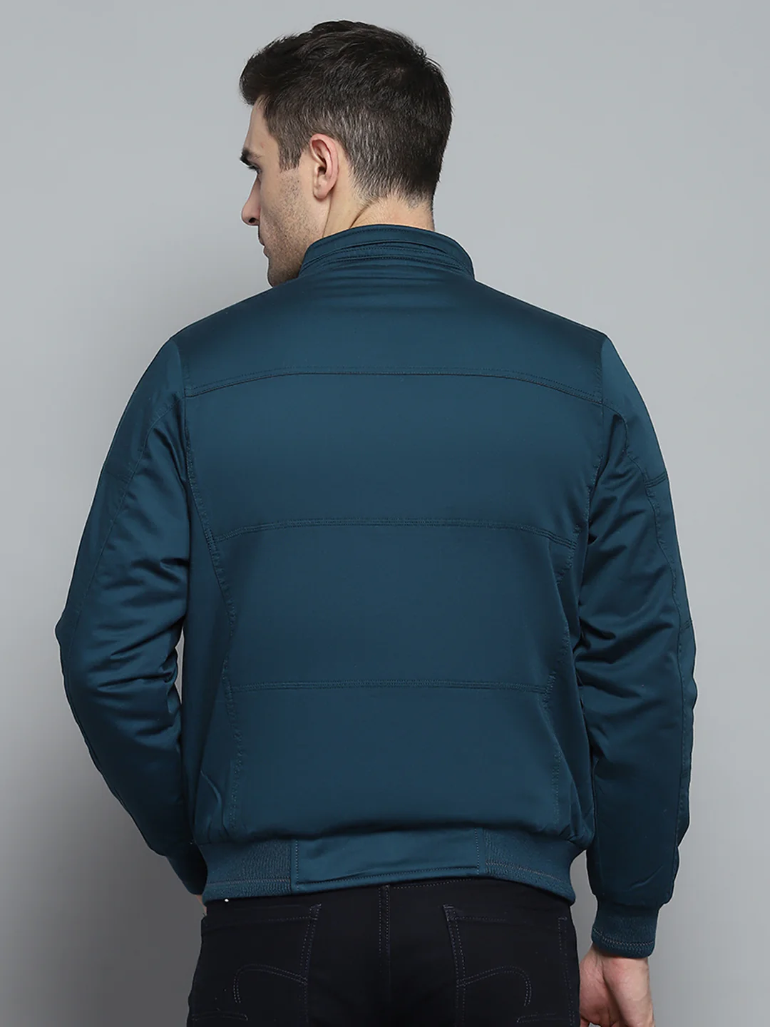 Men Teal Blue Solid Mock Neck Full Sleeve Jacket - Image 5