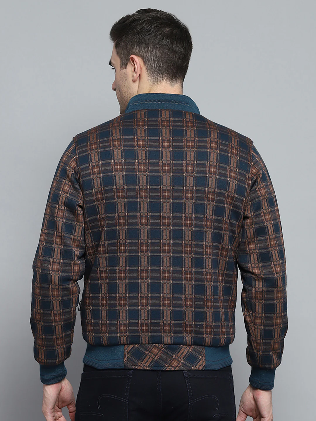 Men Teal Blue Solid Mock Neck Full Sleeve Jacket - Image 8