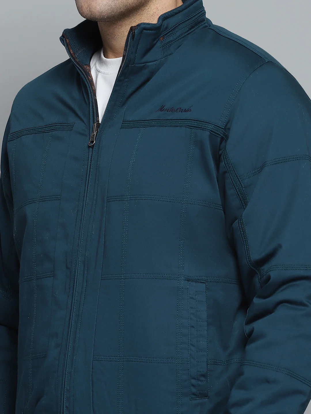 Men Teal Blue Solid Mock Neck Full Sleeve Jacket - Image 9