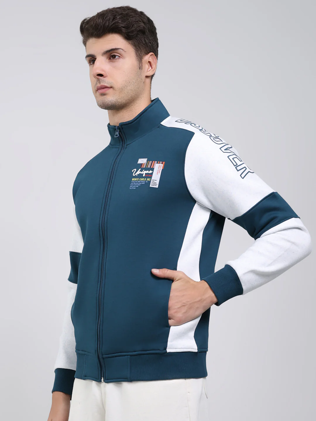 Men Teal Blue Solid Mock Neck Full Sleeve Sweatshirt - Image 3