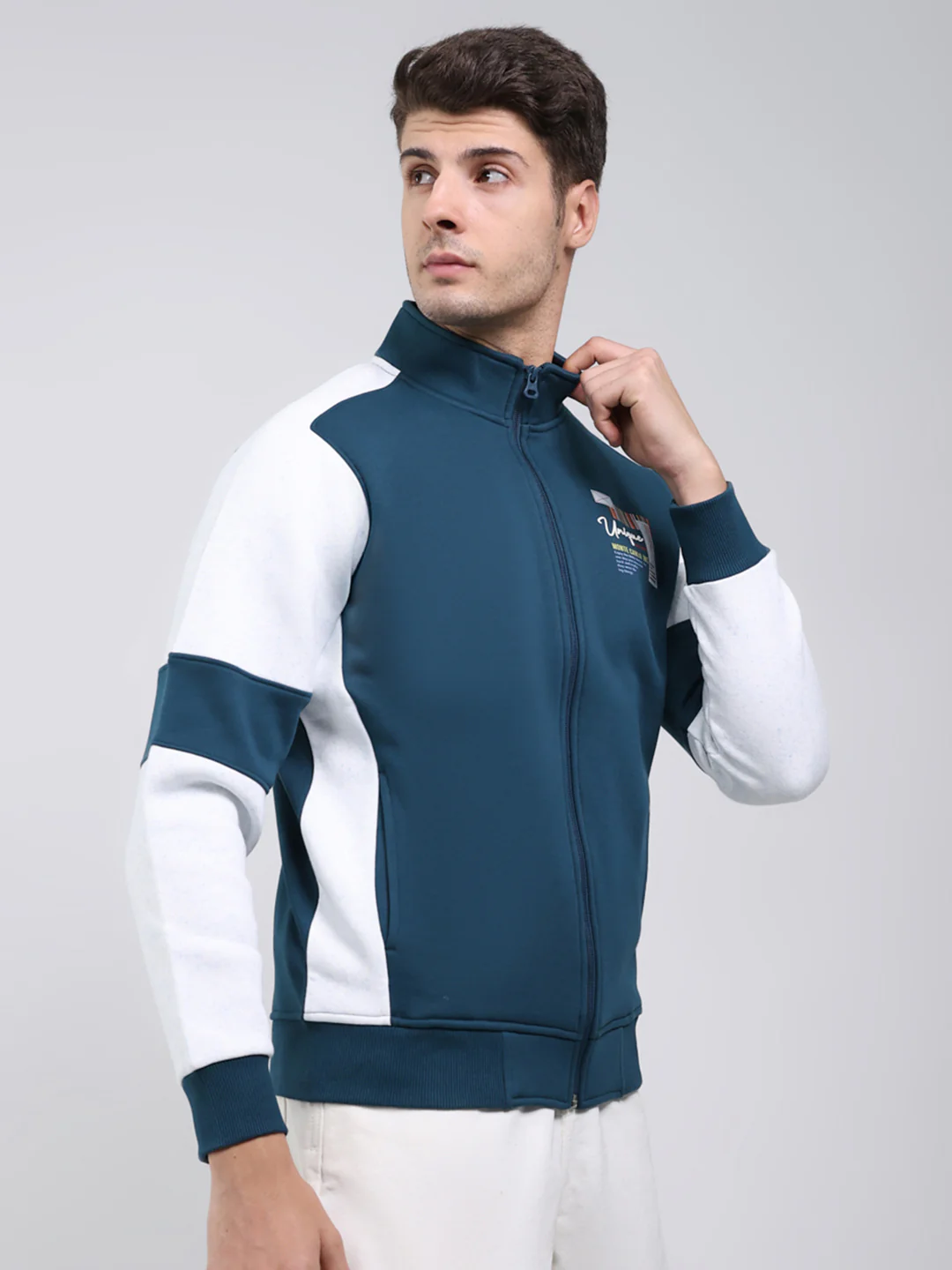 Men Teal Blue Solid Mock Neck Full Sleeve Sweatshirt - Image 4