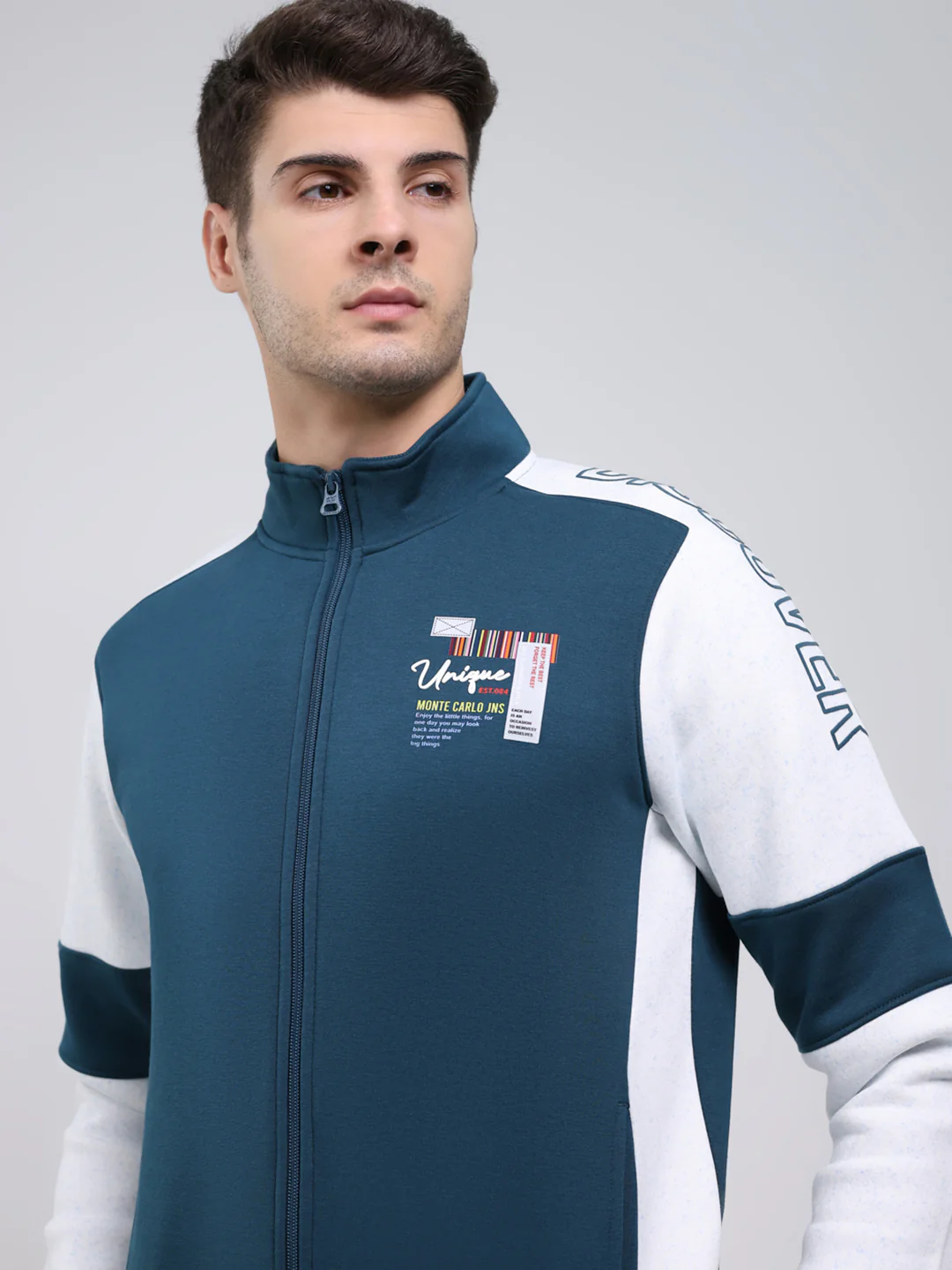 Men Teal Blue Solid Mock Neck Full Sleeve Sweatshirt - Image 6