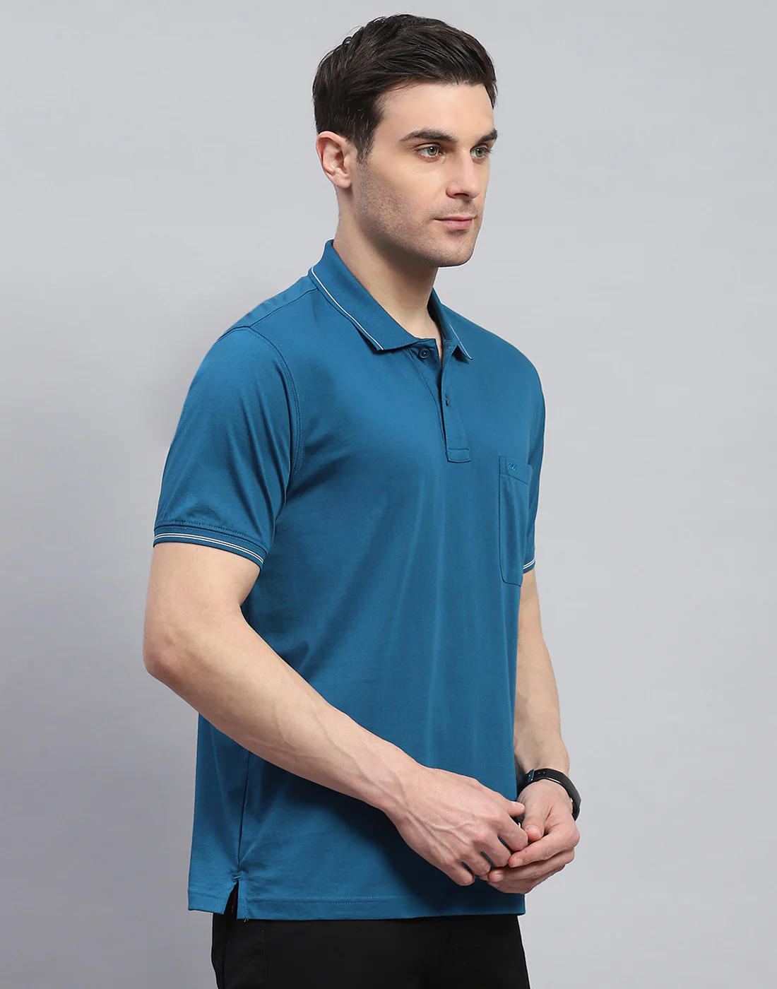 Men Teal Blue Solid Polo Collar Half Sleeve T-Shirt - Image 4