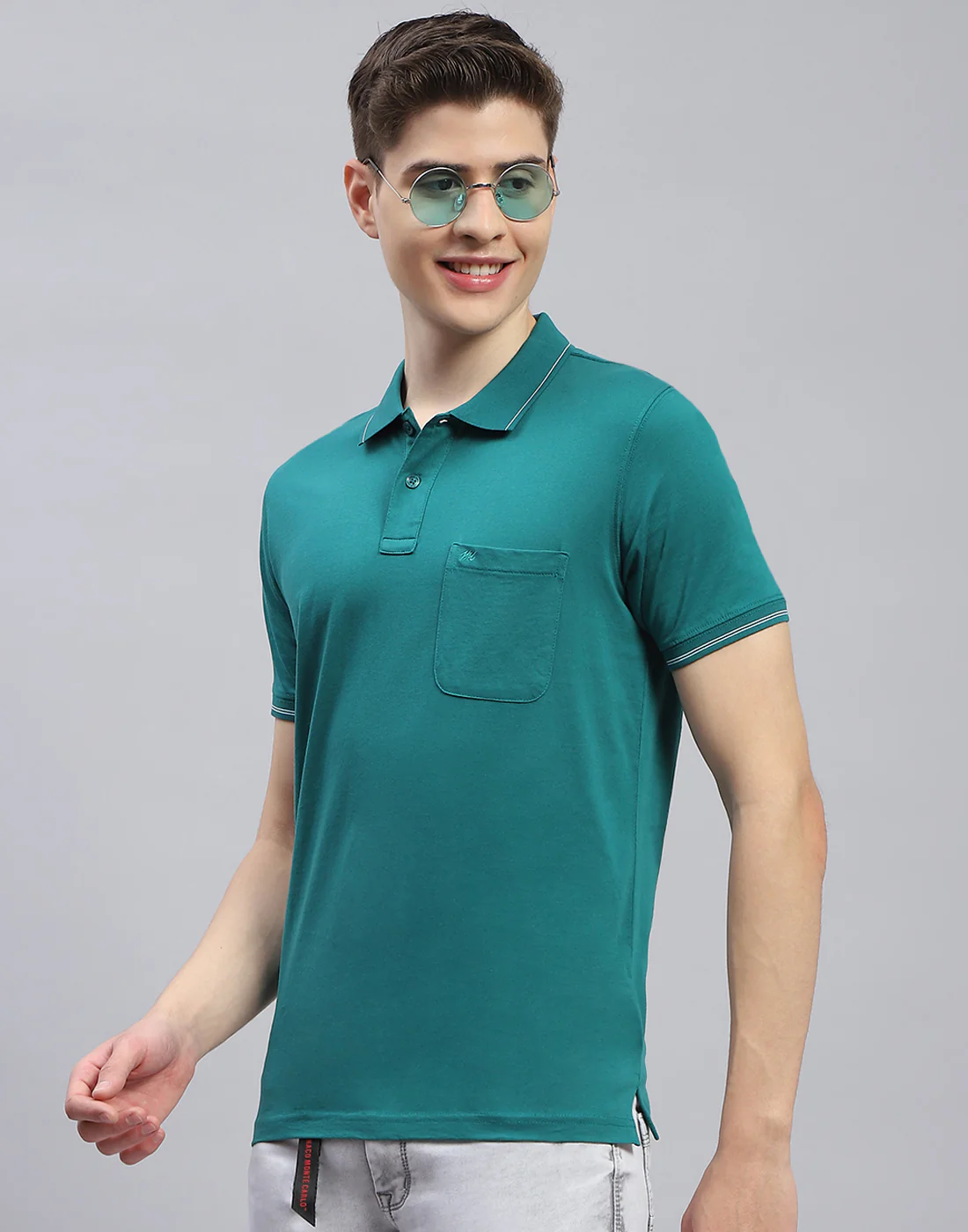 Men Teal Blue Solid Polo Collar Half Sleeve T-Shirt - Image 3
