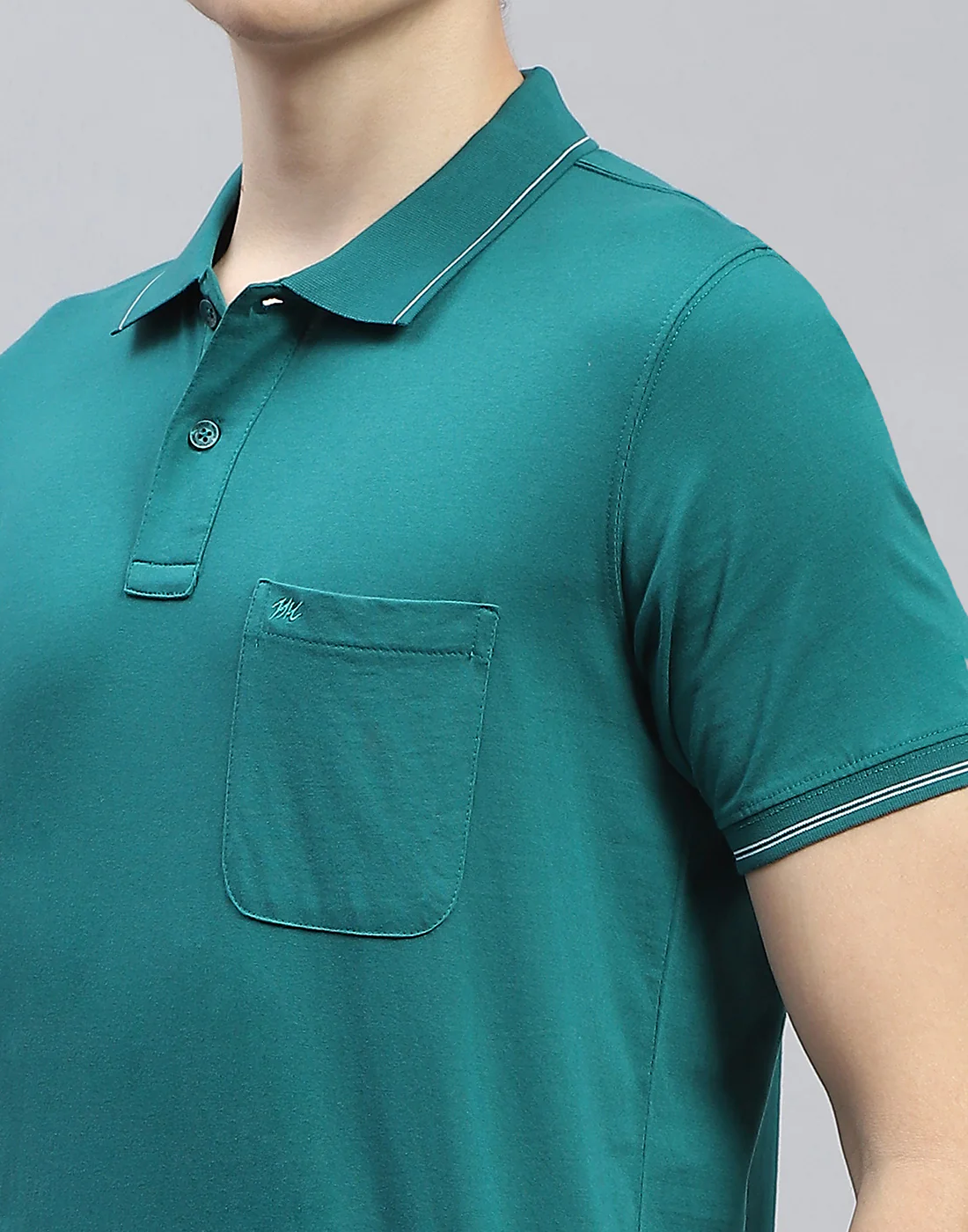 Men Teal Blue Solid Polo Collar Half Sleeve T-Shirt - Image 6