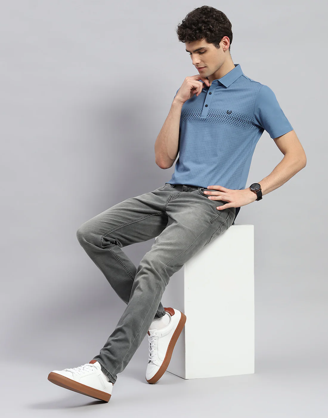 Men Teal Blue Solid Polo Collar Half Sleeve T-Shirt - Image 2