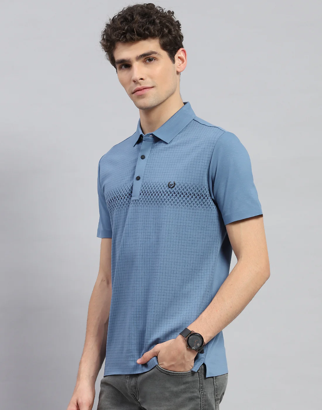 Men Teal Blue Solid Polo Collar Half Sleeve T-Shirt - Image 3