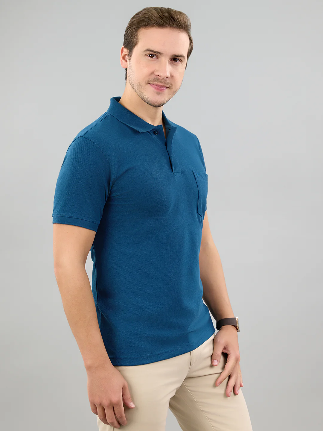 Men Teal Blue Solid Polo Collar Half Sleeve T-Shirt - Image 3