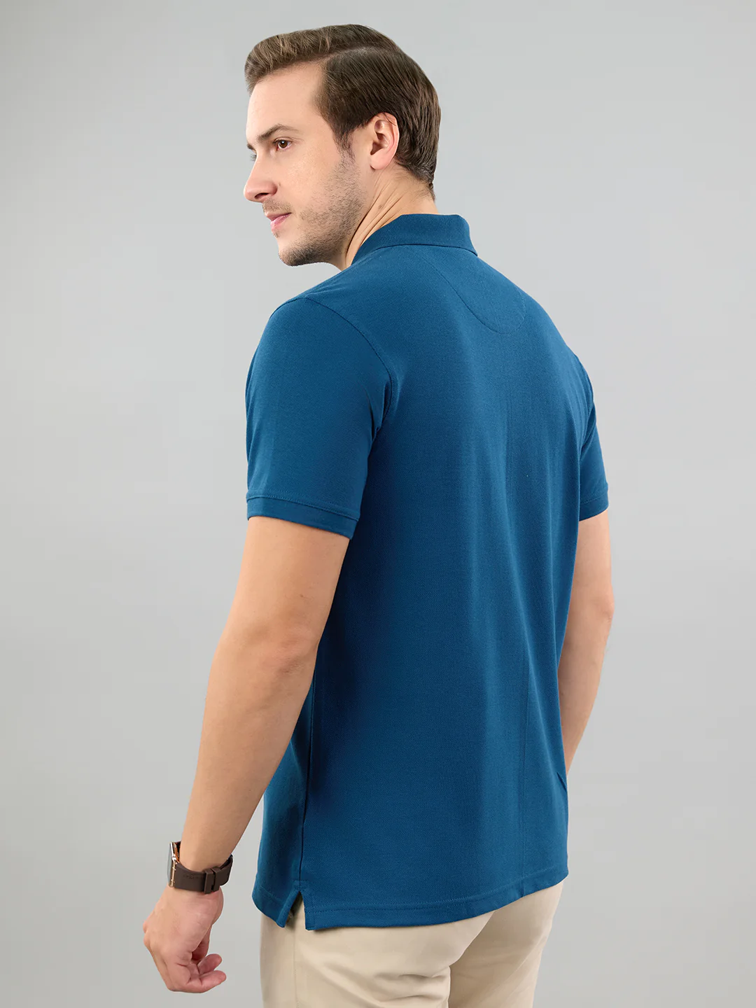 Men Teal Blue Solid Polo Collar Half Sleeve T-Shirt - Image 4