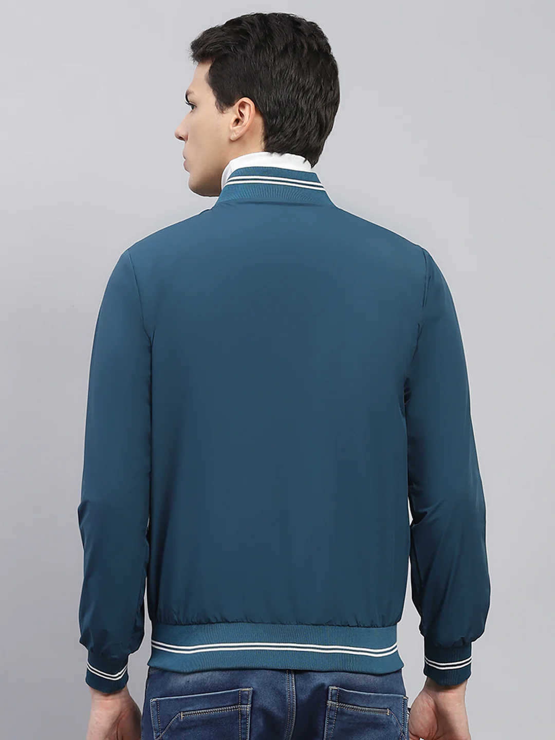Men Teal Blue Solid Round Neck Full Sleeve Jacket - Image 5