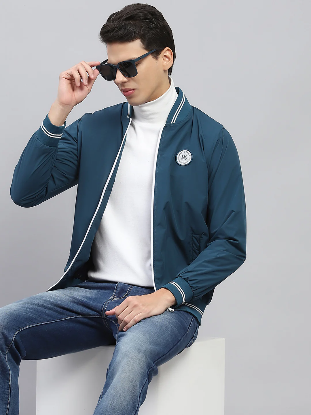 Men Teal Blue Solid Round Neck Full Sleeve Jacket - Image 6