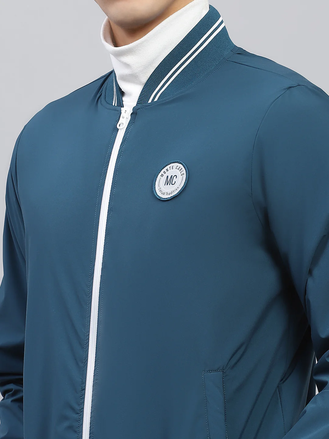 Men Teal Blue Solid Round Neck Full Sleeve Jacket - Image 7