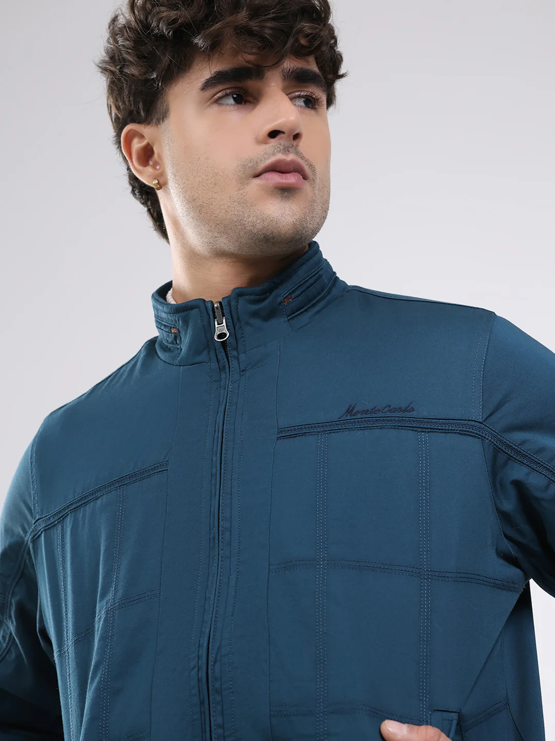 Men Teal Blue Solid Round Neck Full Sleeve Jacket - Image 10