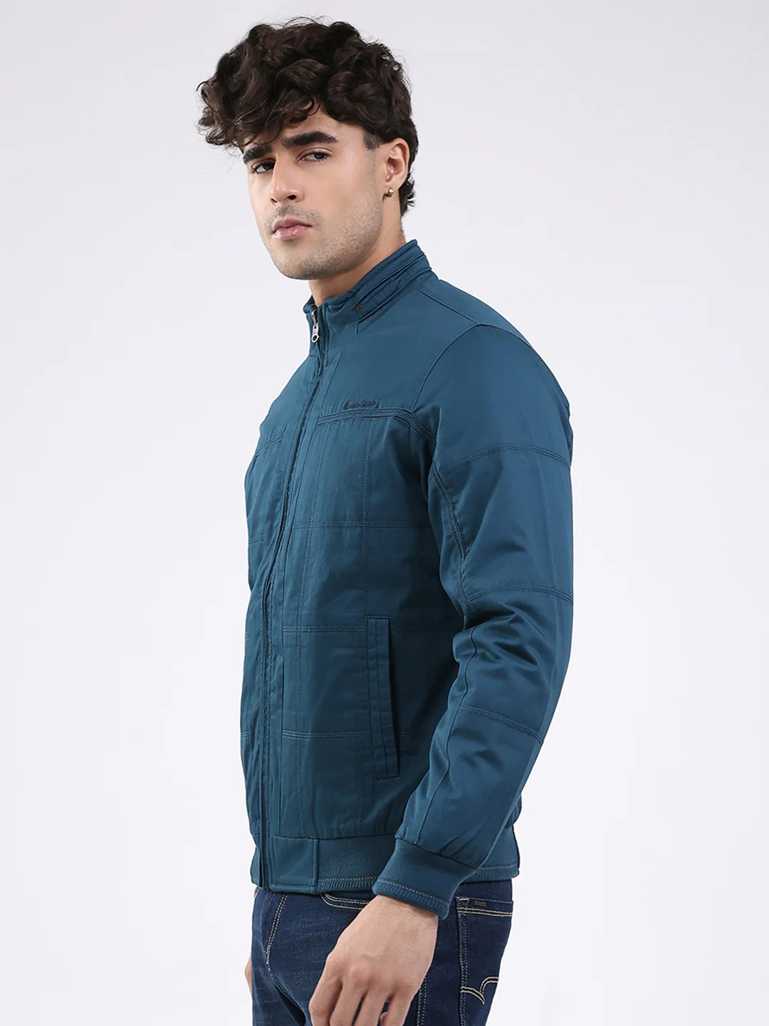 Men Teal Blue Solid Round Neck Full Sleeve Jacket - Image 3