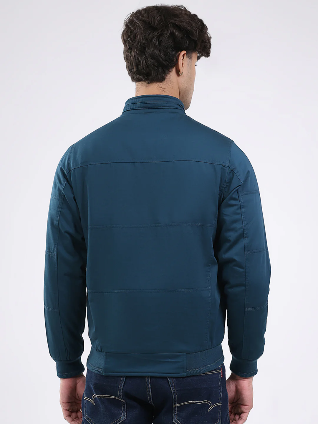 Men Teal Blue Solid Round Neck Full Sleeve Jacket - Image 5