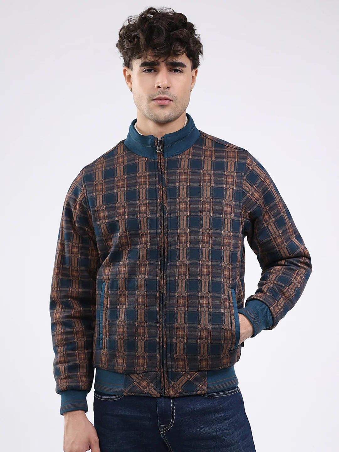 Men Teal Blue Solid Round Neck Full Sleeve Jacket - Image 7