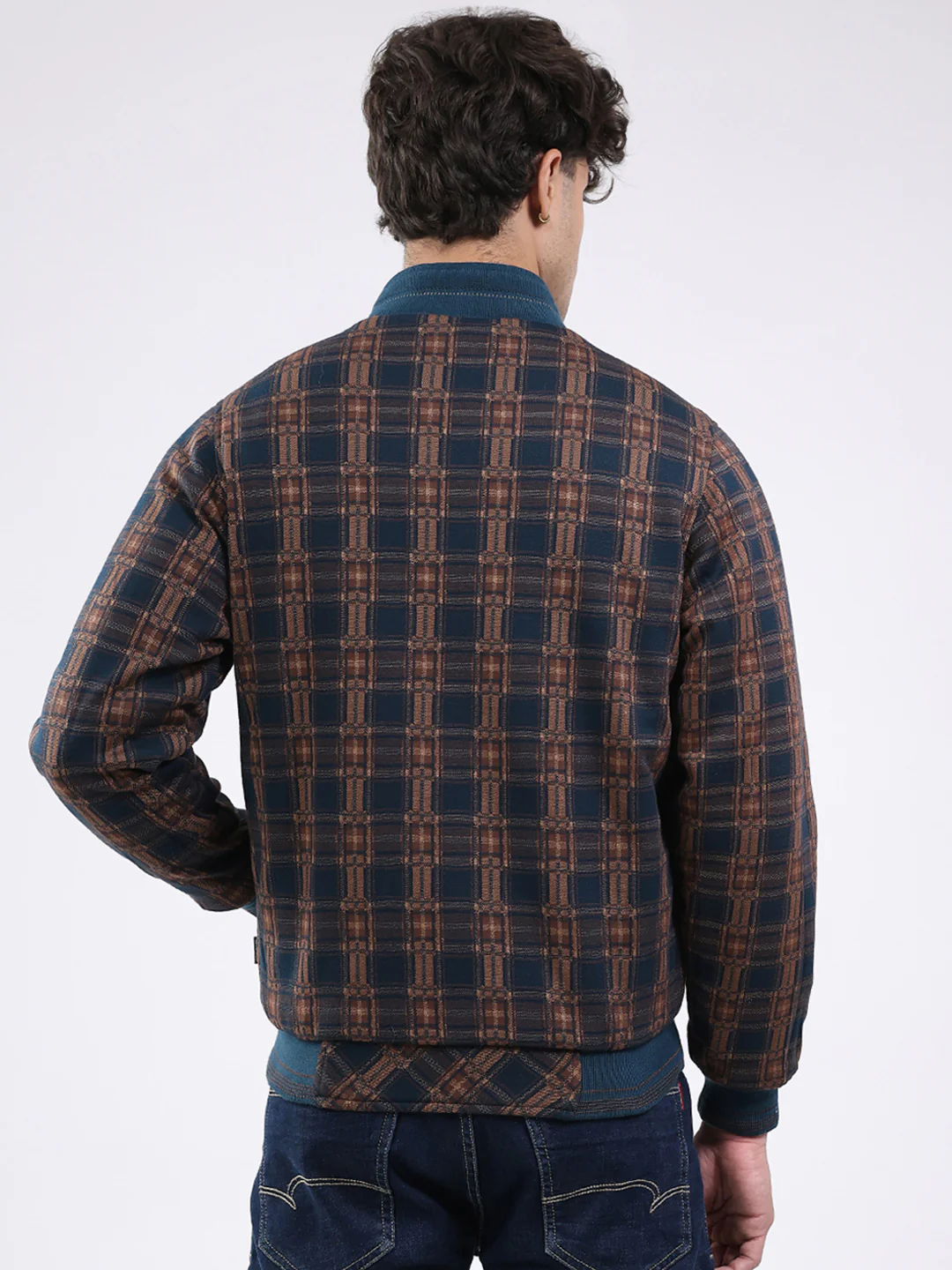Men Teal Blue Solid Round Neck Full Sleeve Jacket - Image 9