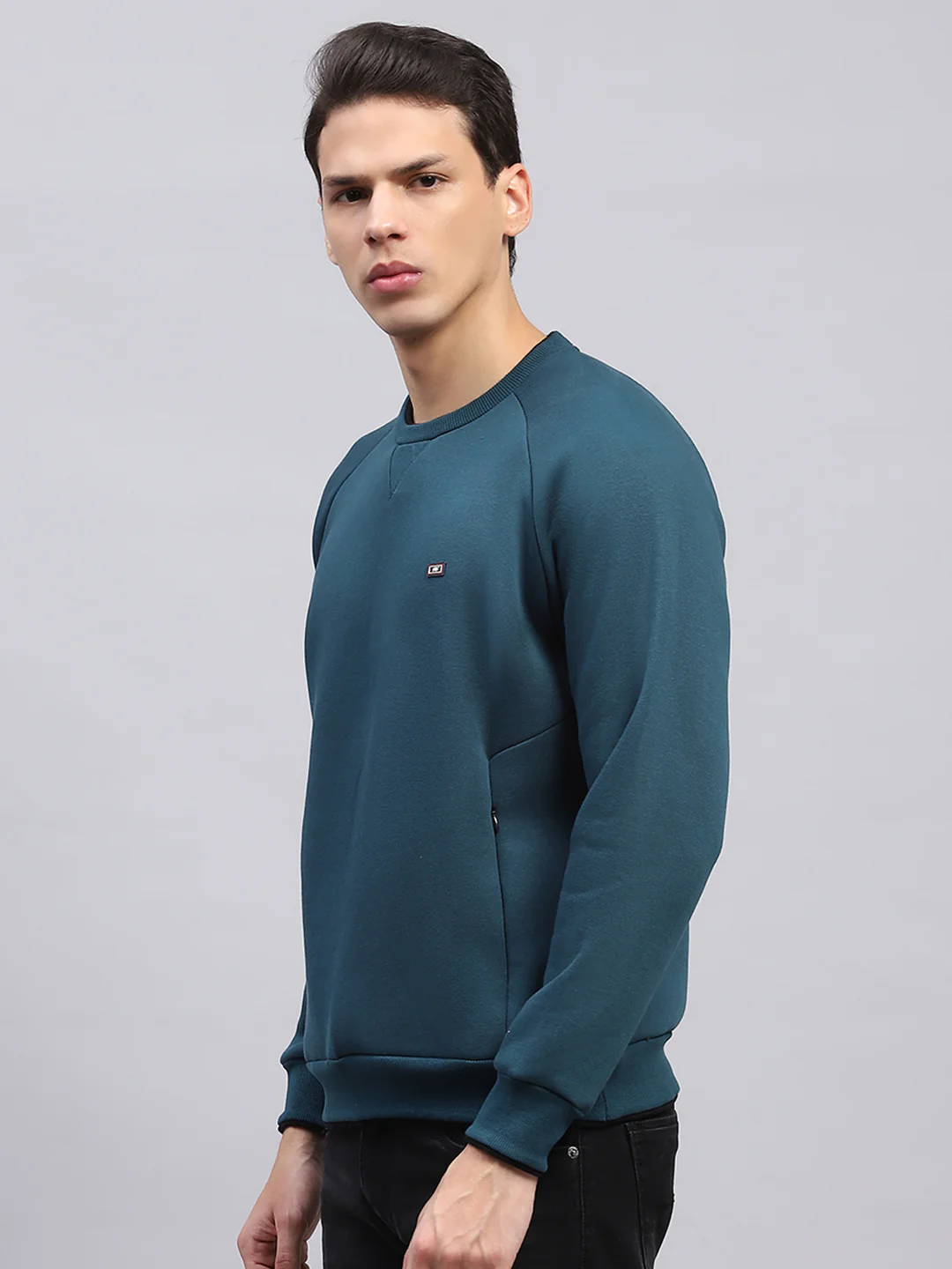 Men Teal Blue Solid Round Neck Full Sleeve Sweatshirt - Image 3