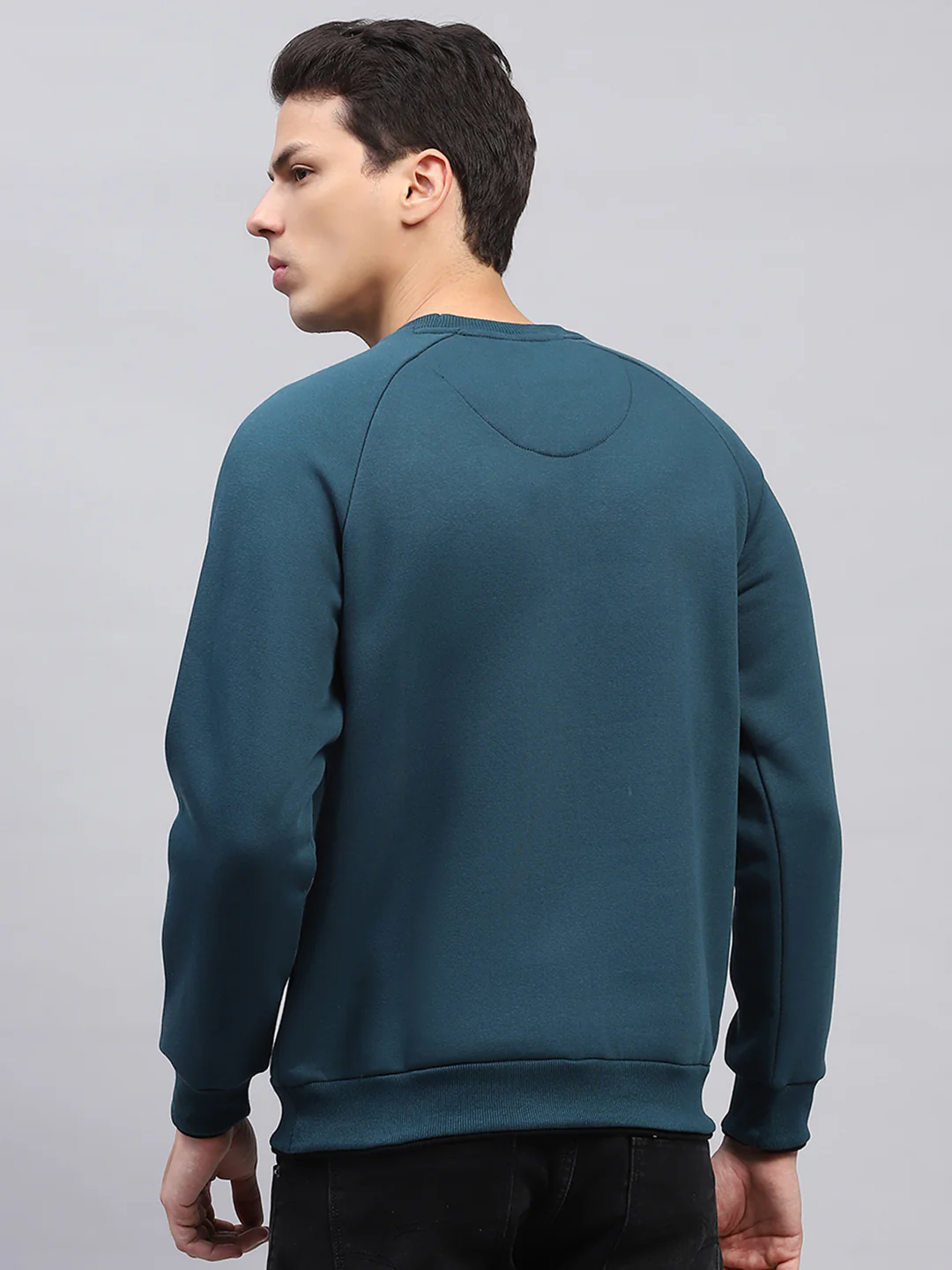 Men Teal Blue Solid Round Neck Full Sleeve Sweatshirt - Image 5