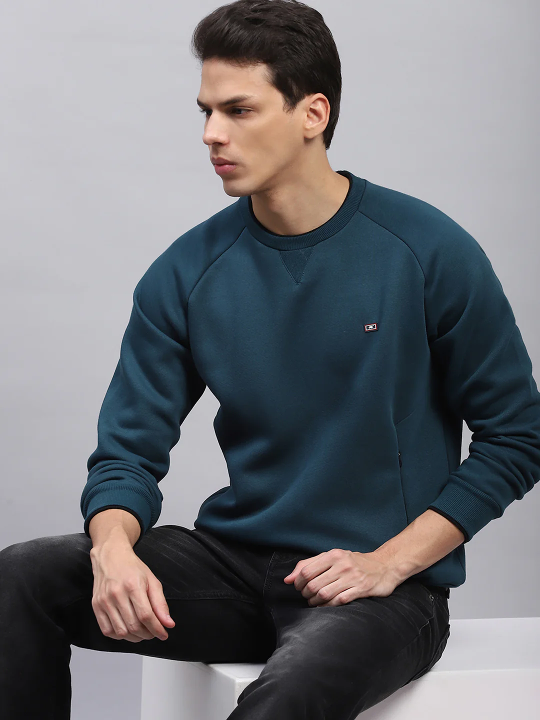Men Teal Blue Solid Round Neck Full Sleeve Sweatshirt - Image 6