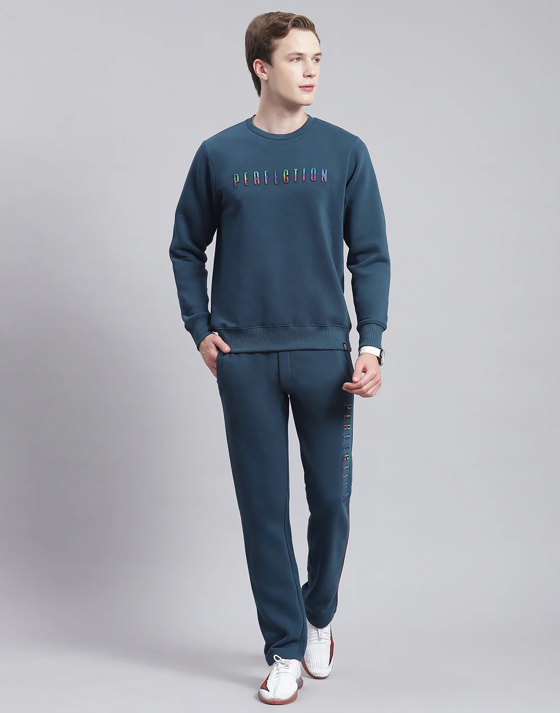 Men Teal Blue Solid Round Neck Full Sleeve Tracksuit - Image 3