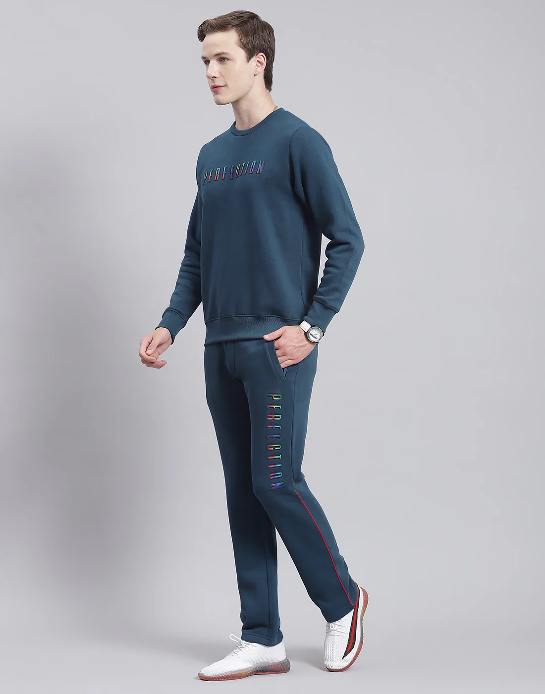 Men Teal Blue Solid Round Neck Full Sleeve Tracksuit - Image 4