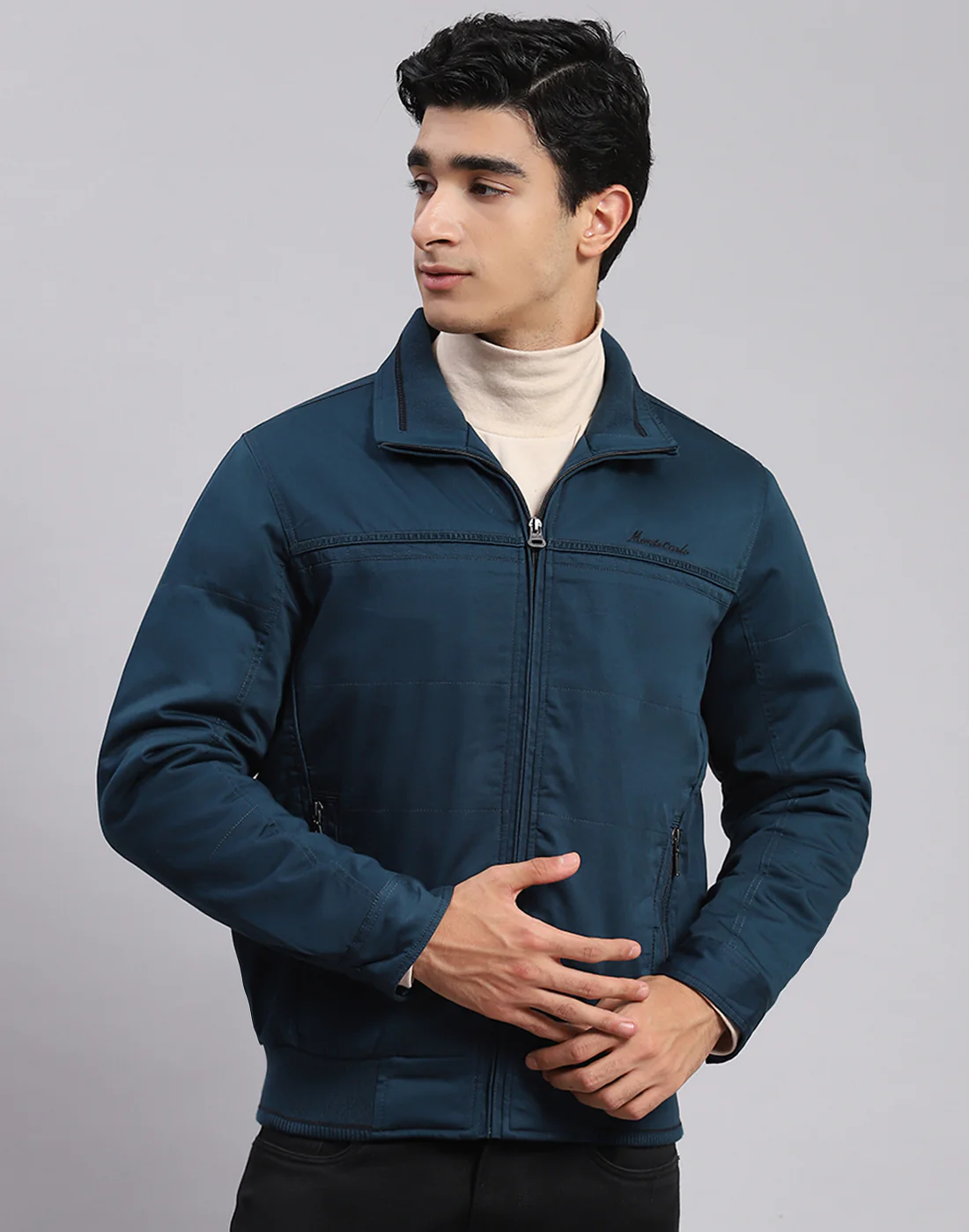 Men Teal Blue Solid Spread Collar Full Sleeve Jackets - Image 2