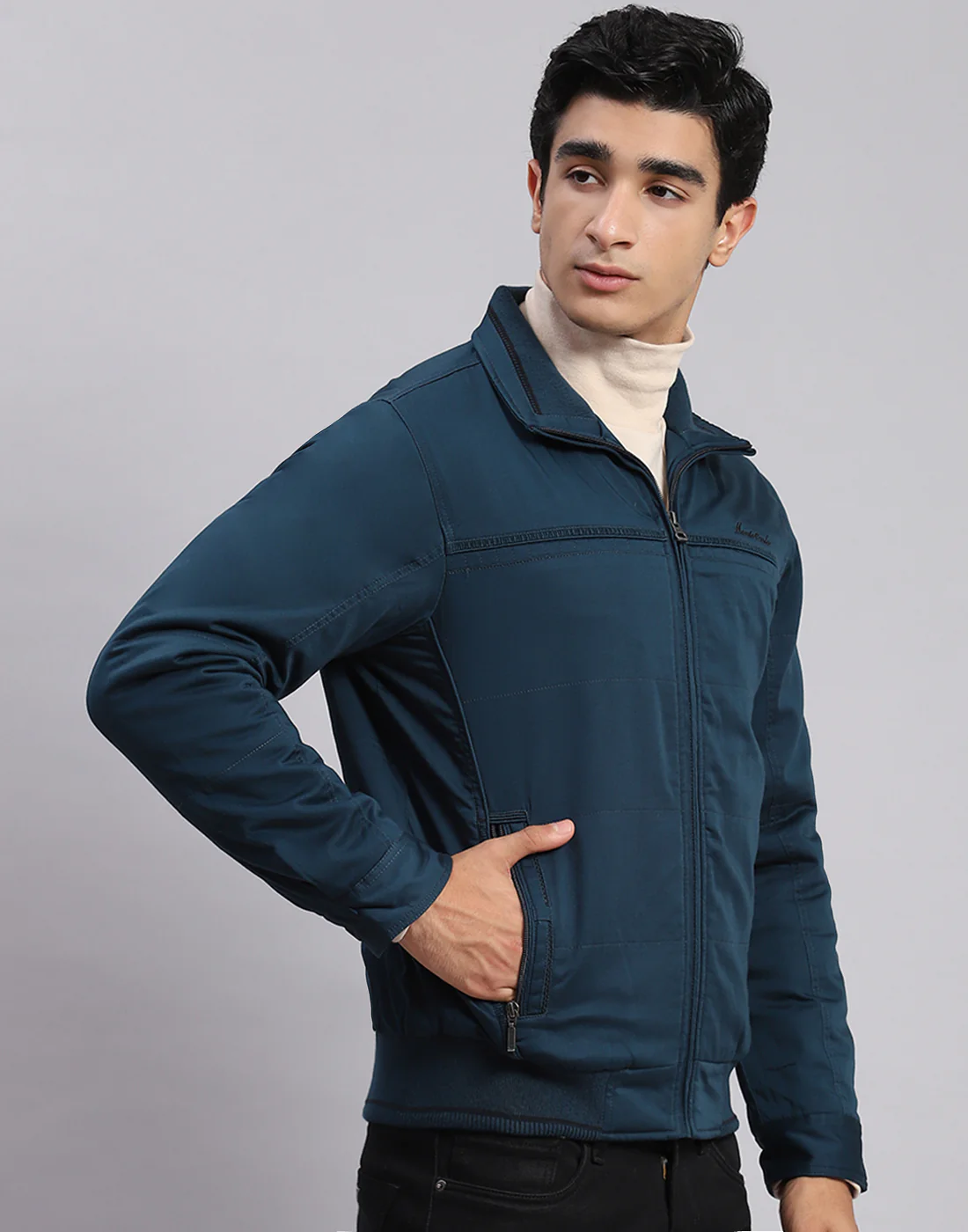 Men Teal Blue Solid Spread Collar Full Sleeve Jackets - Image 4