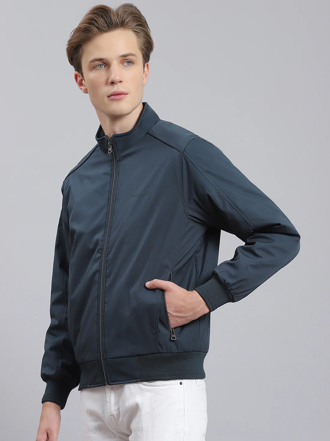 Men Teal Blue Solid Stand Collar Full Sleeve Jacket - Image 2