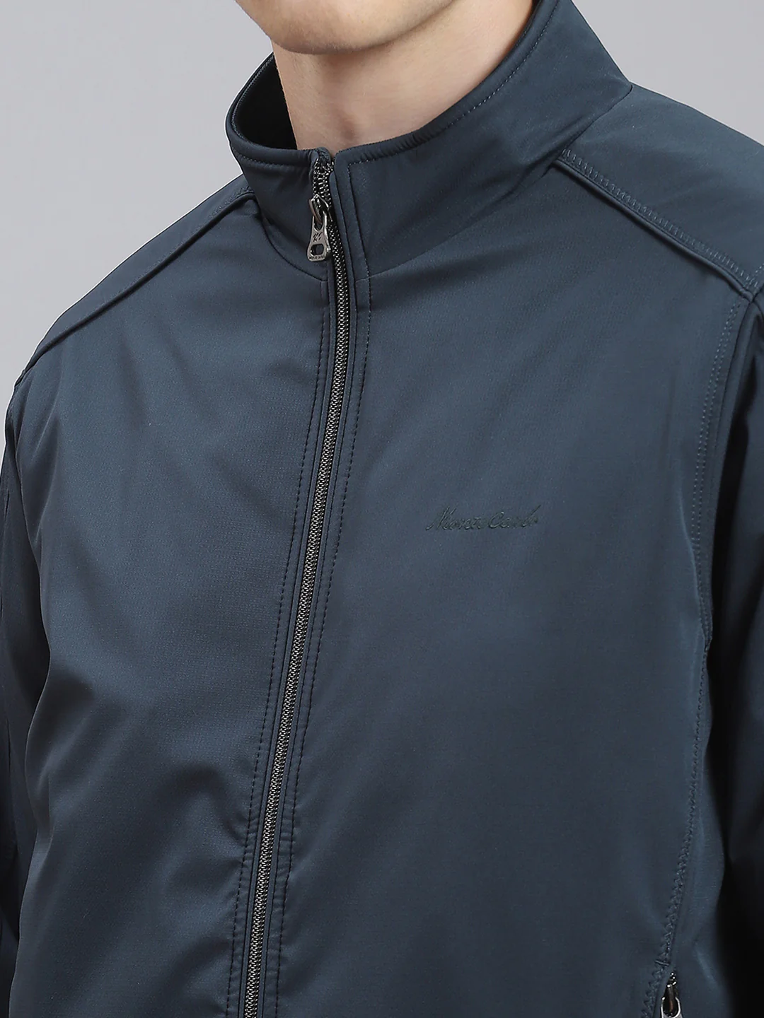 Men Teal Blue Solid Stand Collar Full Sleeve Jacket - Image 6