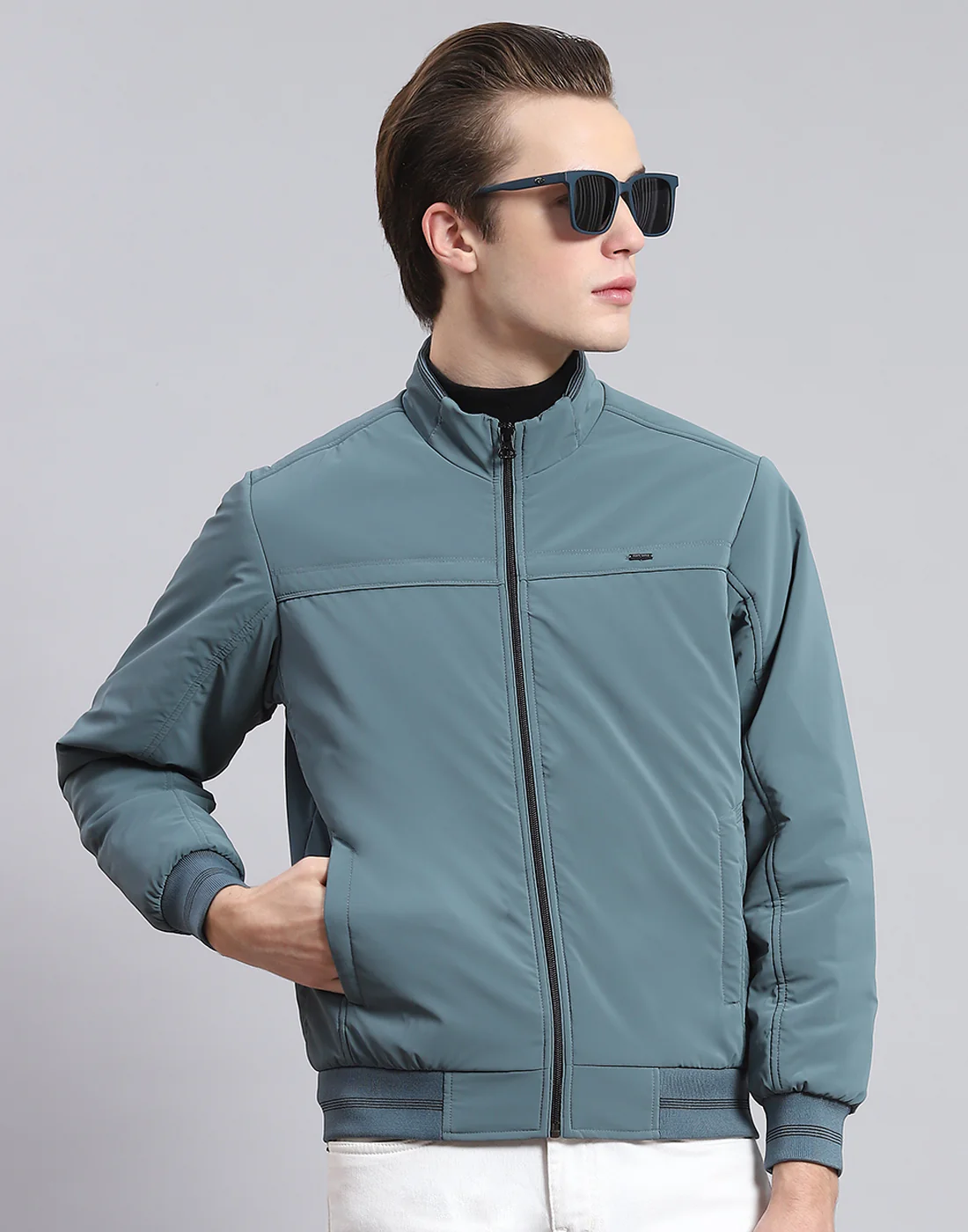 Men Teal Blue Solid Stand Collar Full Sleeve Jacket - Image 2