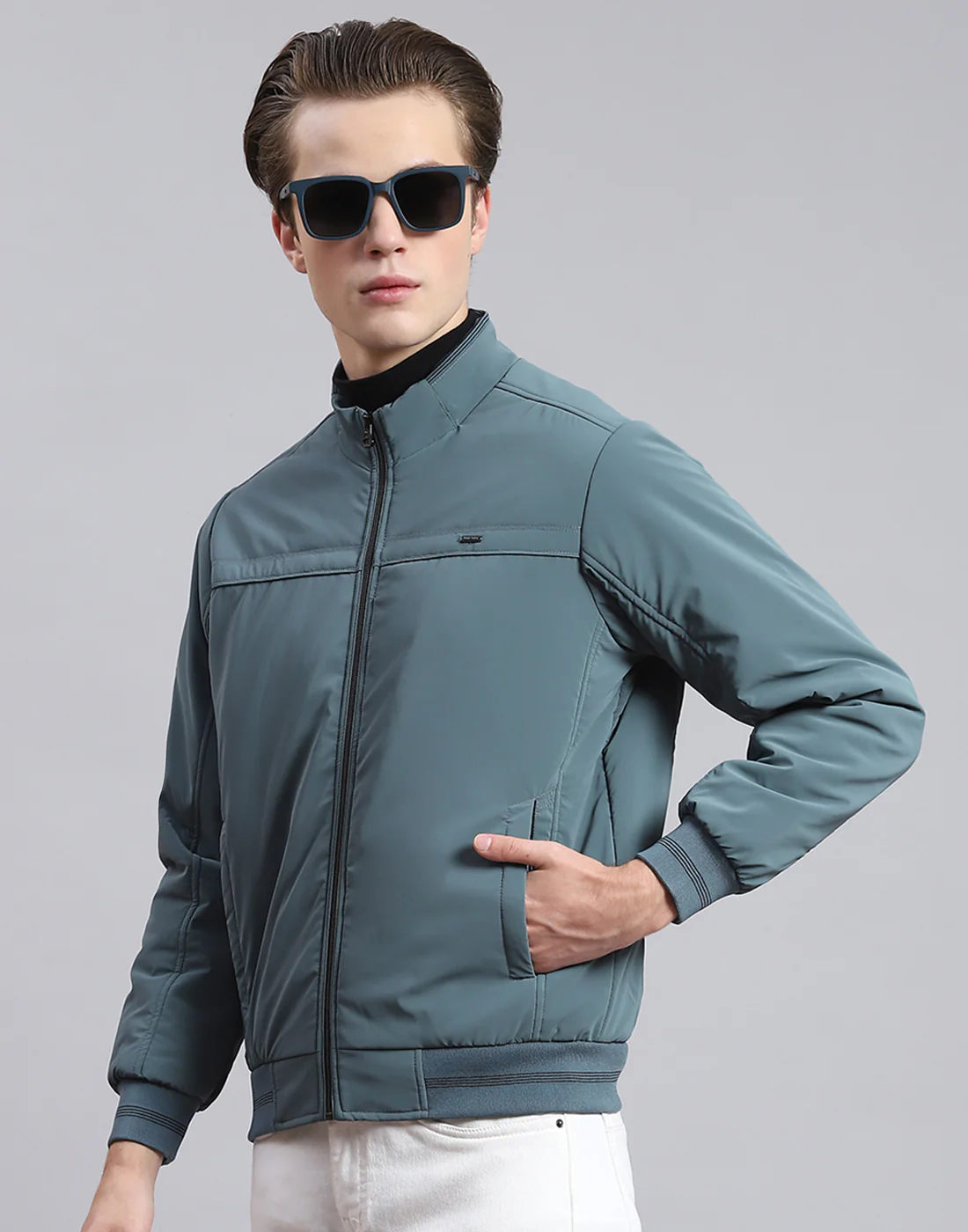 Men Teal Blue Solid Stand Collar Full Sleeve Jacket - Image 3