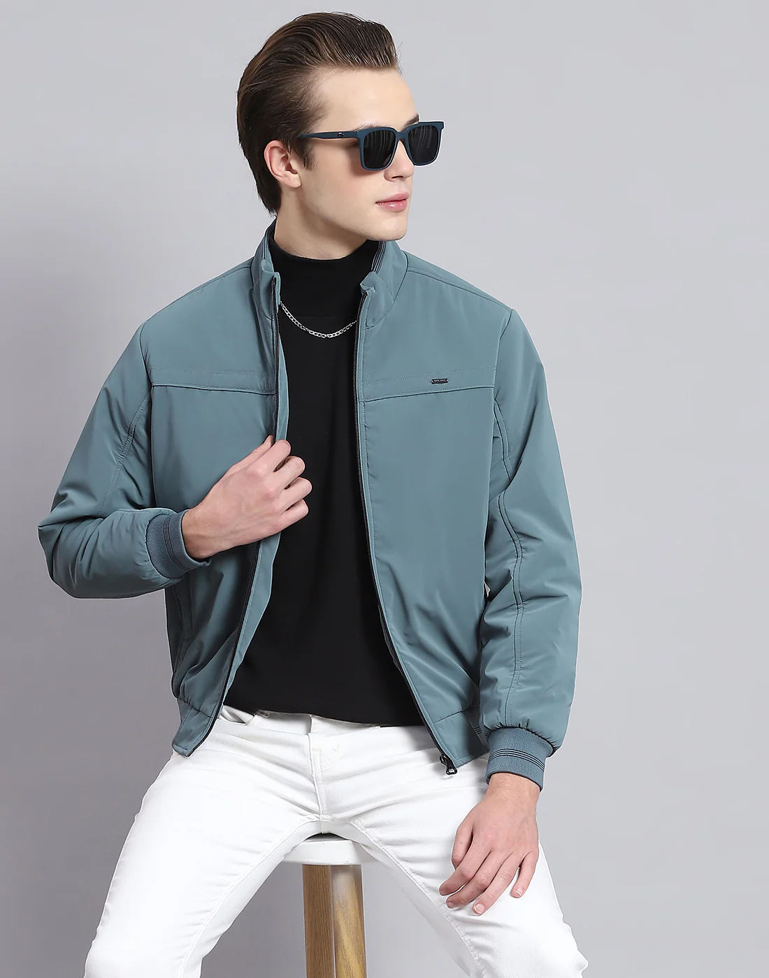 Men Teal Blue Solid Stand Collar Full Sleeve Jacket - Image 6
