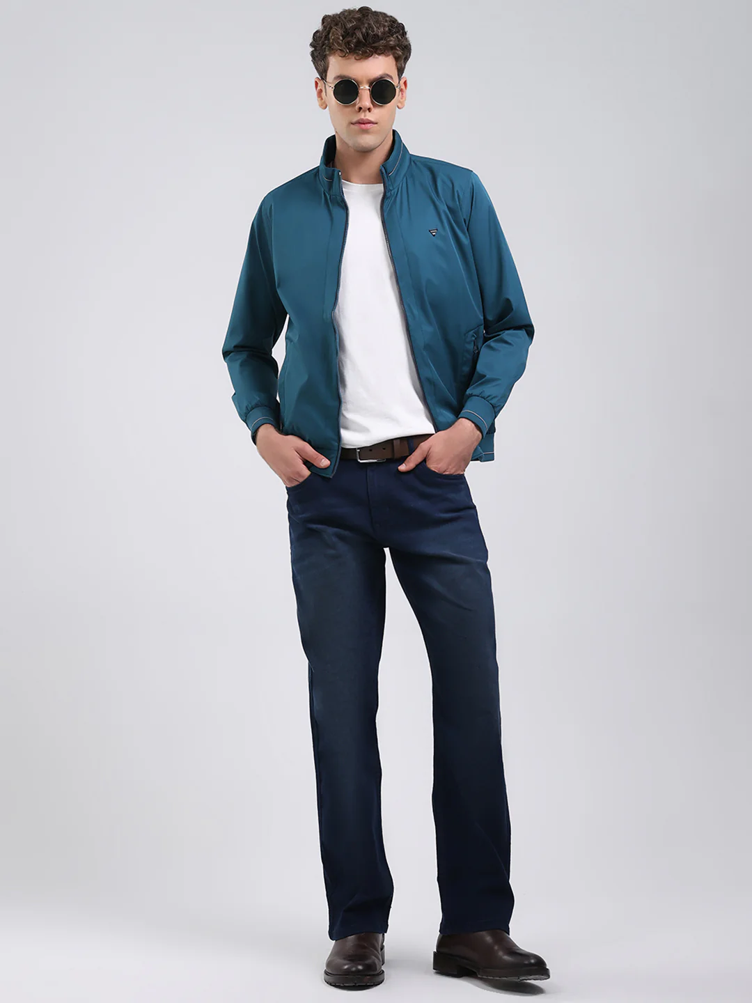Men Teal Blue Solid Stand Collar Full Sleeve Jacket - Image 2