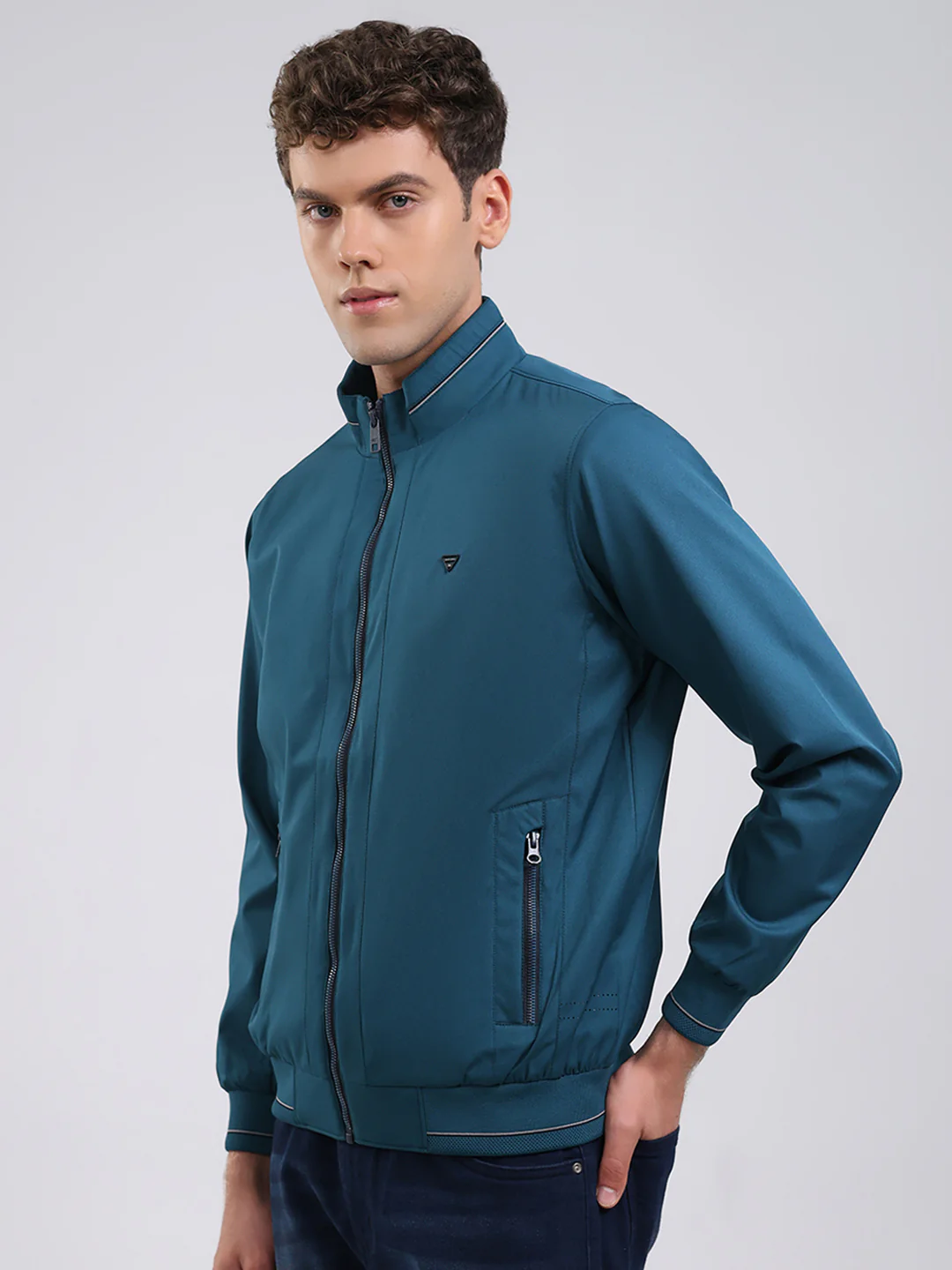 Men Teal Blue Solid Stand Collar Full Sleeve Jacket - Image 3