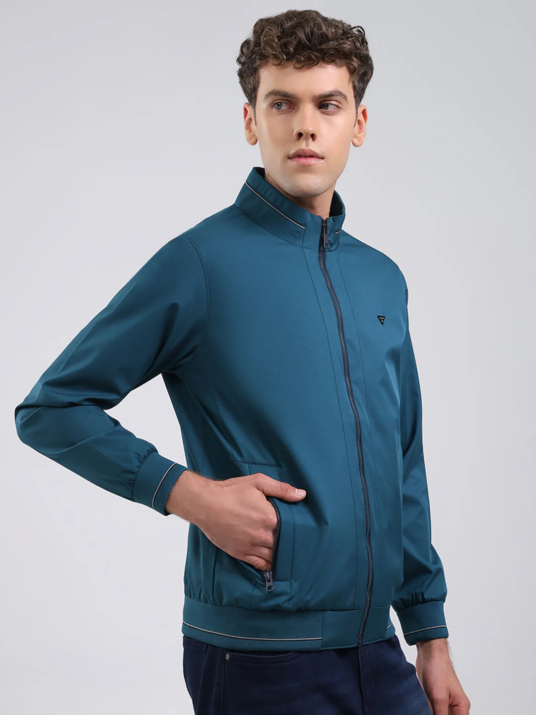 Men Teal Blue Solid Stand Collar Full Sleeve Jacket - Image 4