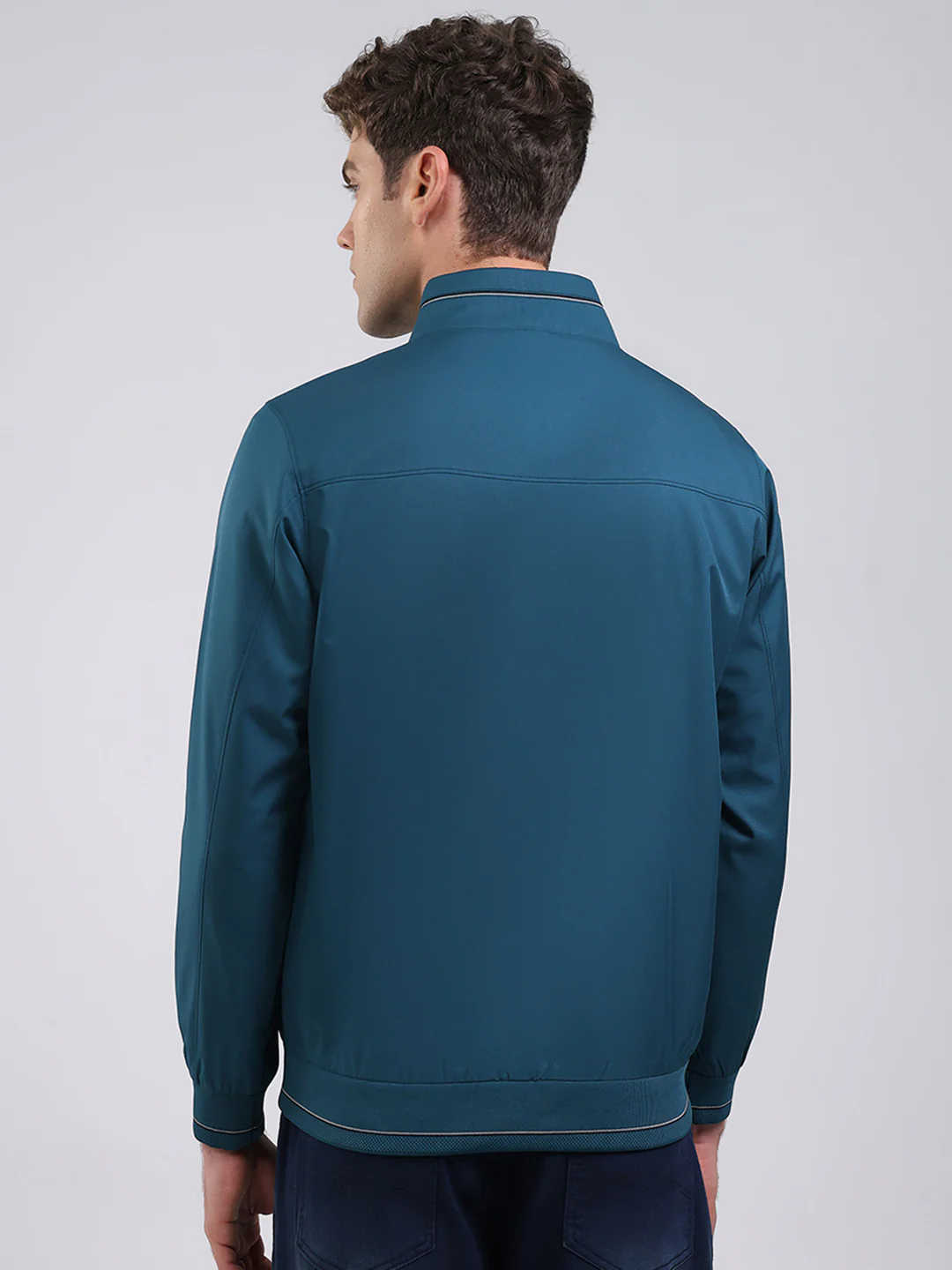 Men Teal Blue Solid Stand Collar Full Sleeve Jacket - Image 5