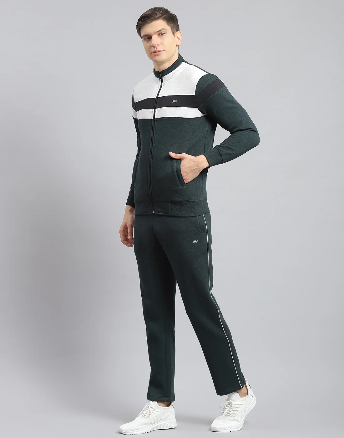Men Teal Blue Solid Stand Collar Full Sleeve Tracksuit - Image 3