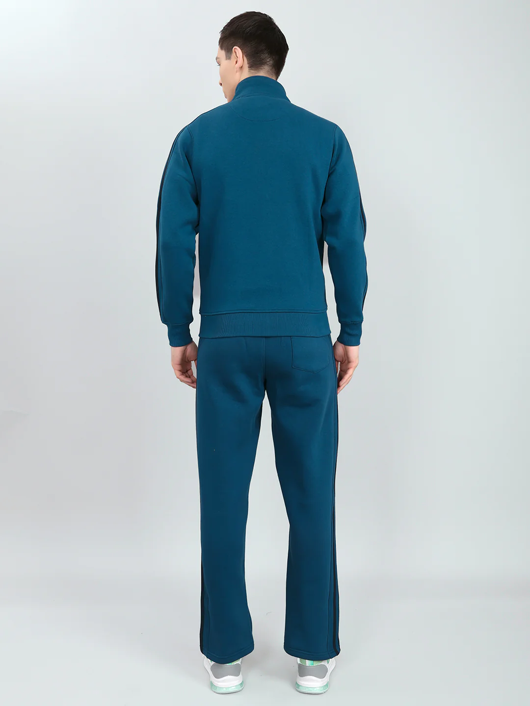Men Teal Blue Solid Stand Collar Full Sleeve Winter Tracksuit - Image 4